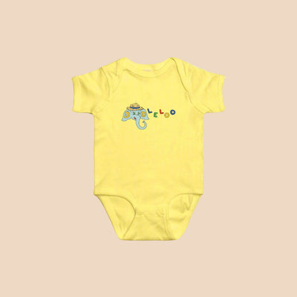 Yellow baby onesie with colorful elephant design on a white background