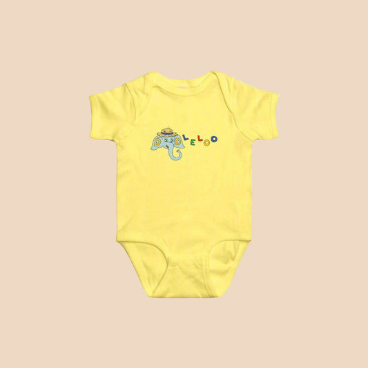 Yellow baby onesie with colorful elephant design on a white background